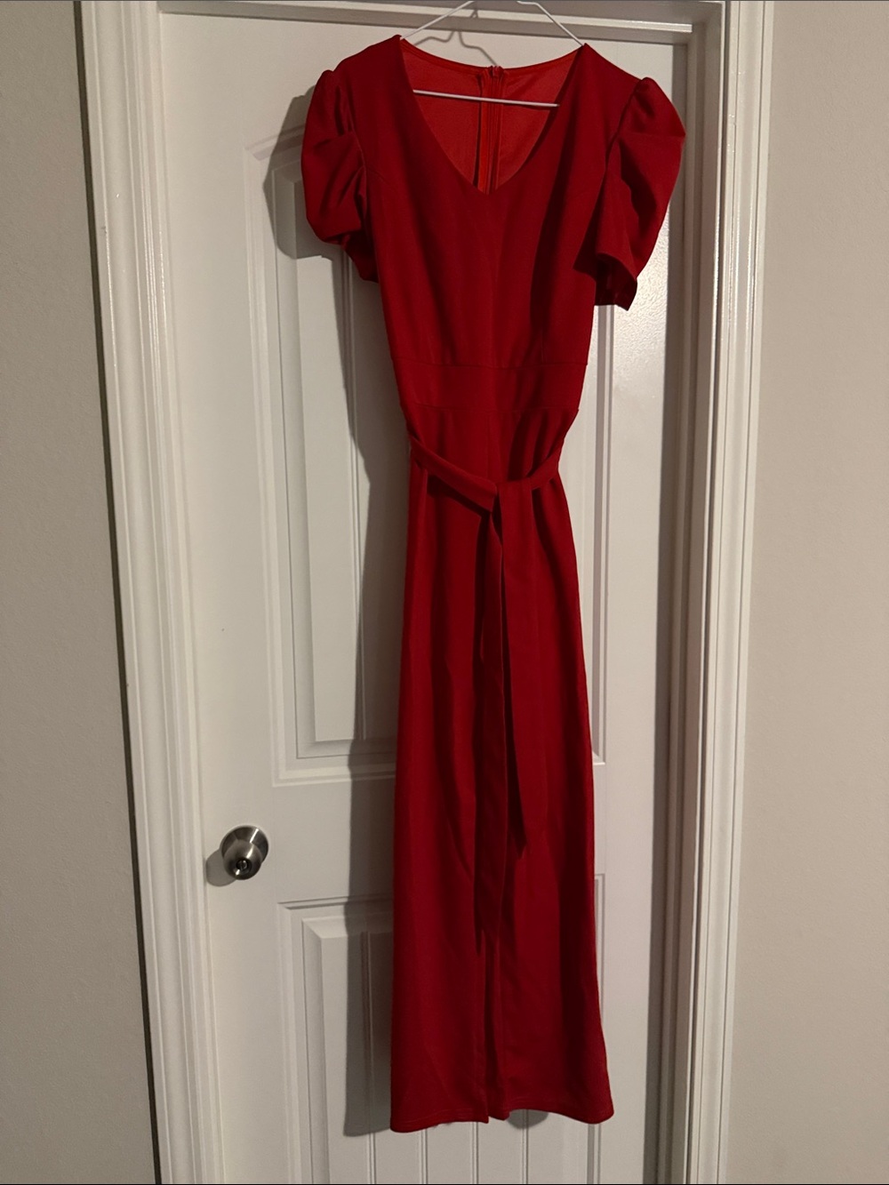 Red Puff-Sleeve Wrap Jumpsuit with Self-Tie Waist